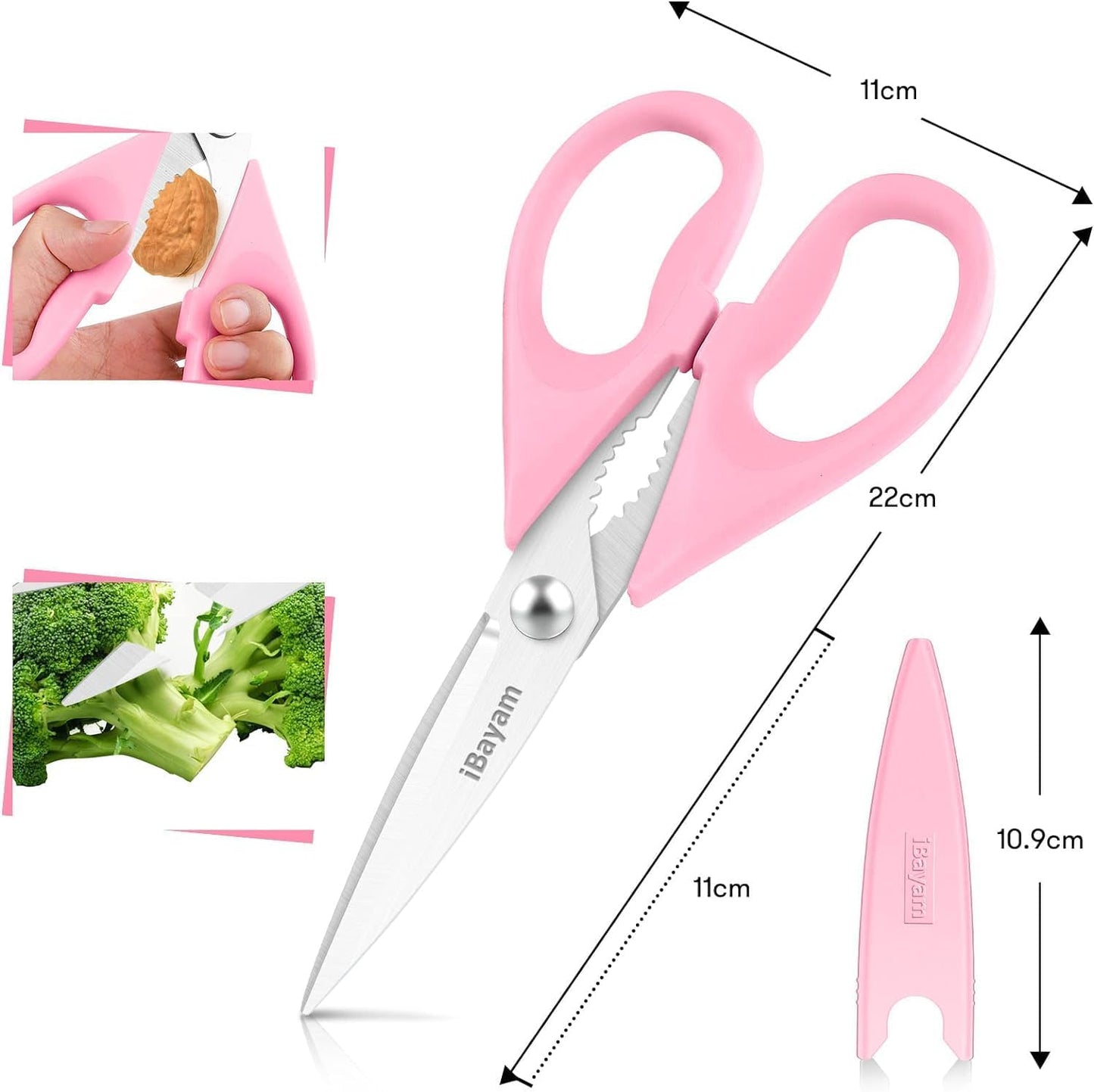 iBayam 8.7" All Purpose Kitchen Shears Heavy Duty with Protective Sheath | Built-In Bottle Opener, Durable Stainless Steel Scissors, Dishwasher Safe, Soft Grip Comfort Handle, Cooking, Food, Packaging