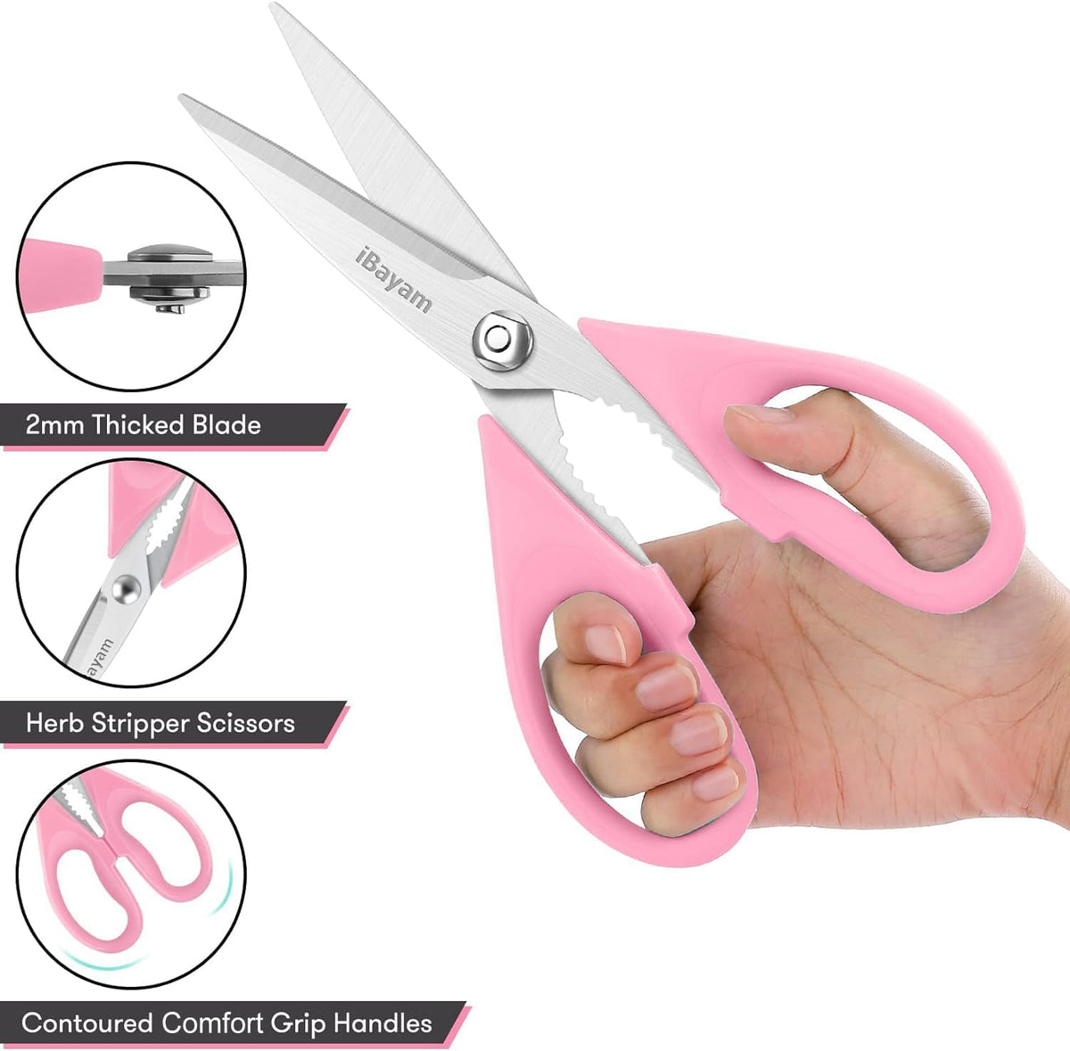iBayam 8.7" All Purpose Kitchen Shears Heavy Duty with Protective Sheath | Built-In Bottle Opener, Durable Stainless Steel Scissors, Dishwasher Safe, Soft Grip Comfort Handle, Cooking, Food, Packaging