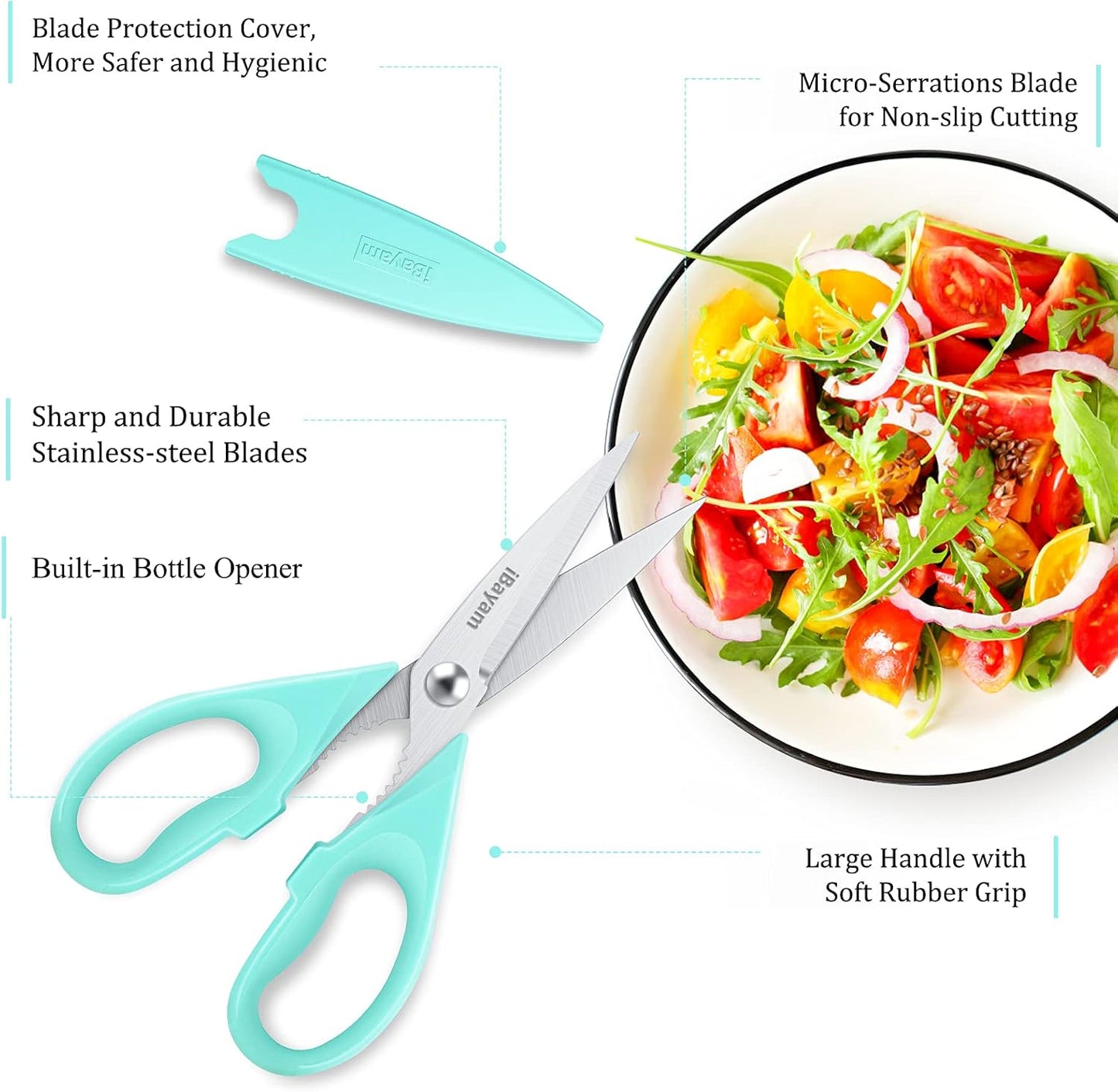 iBayam 8.7" All Purpose Kitchen Shears Heavy Duty with Protective Sheath | Built-In Bottle Opener, Durable Stainless Steel Scissors, Dishwasher Safe, Soft Grip Comfort Handle, Cooking, Food, Packaging