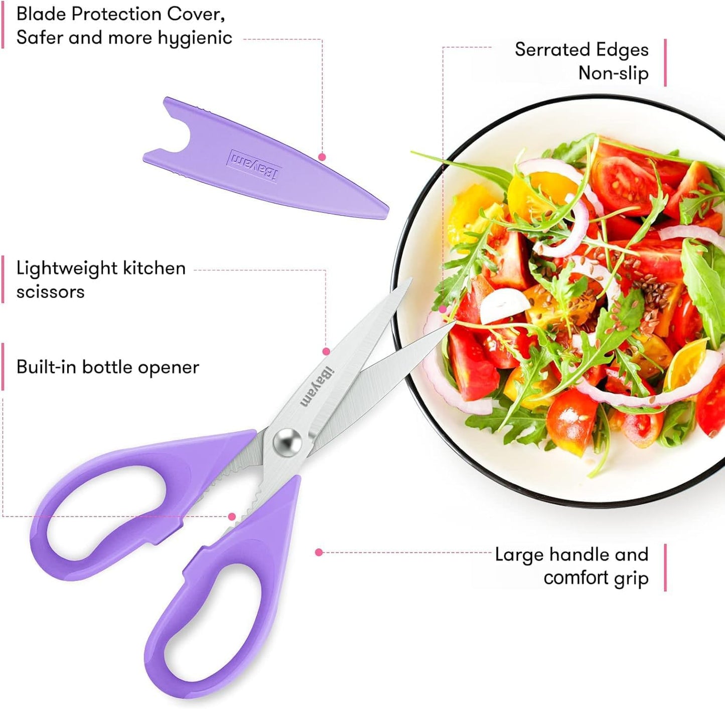 iBayam 8.7" All Purpose Kitchen Shears Heavy Duty with Protective Sheath | Built-In Bottle Opener, Durable Stainless Steel Scissors, Dishwasher Safe, Soft Grip Comfort Handle, Cooking, Food, Packaging