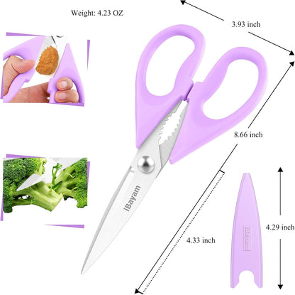iBayam 8.7" All Purpose Kitchen Shears Heavy Duty with Protective Sheath | Built-In Bottle Opener, Durable Stainless Steel Scissors, Dishwasher Safe, Soft Grip Comfort Handle, Cooking, Food, Packaging