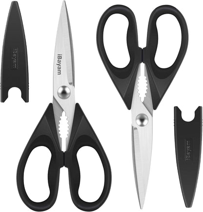 iBayam 8.7" All Purpose Kitchen Shears Heavy Duty with Protective Sheath | Built-In Bottle Opener, Durable Stainless Steel Scissors, Dishwasher Safe, Soft Grip Comfort Handle, Cooking, Food, Packaging