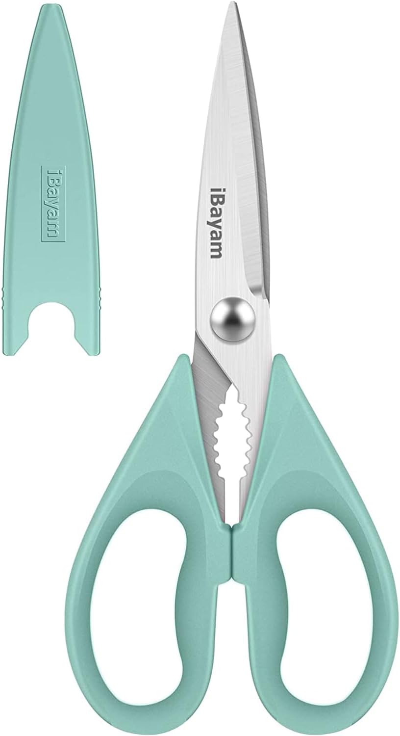 iBayam 8.7" All Purpose Kitchen Shears Heavy Duty with Protective Sheath | Built-In Bottle Opener, Durable Stainless Steel Scissors, Dishwasher Safe, Soft Grip Comfort Handle, Cooking, Food, Packaging