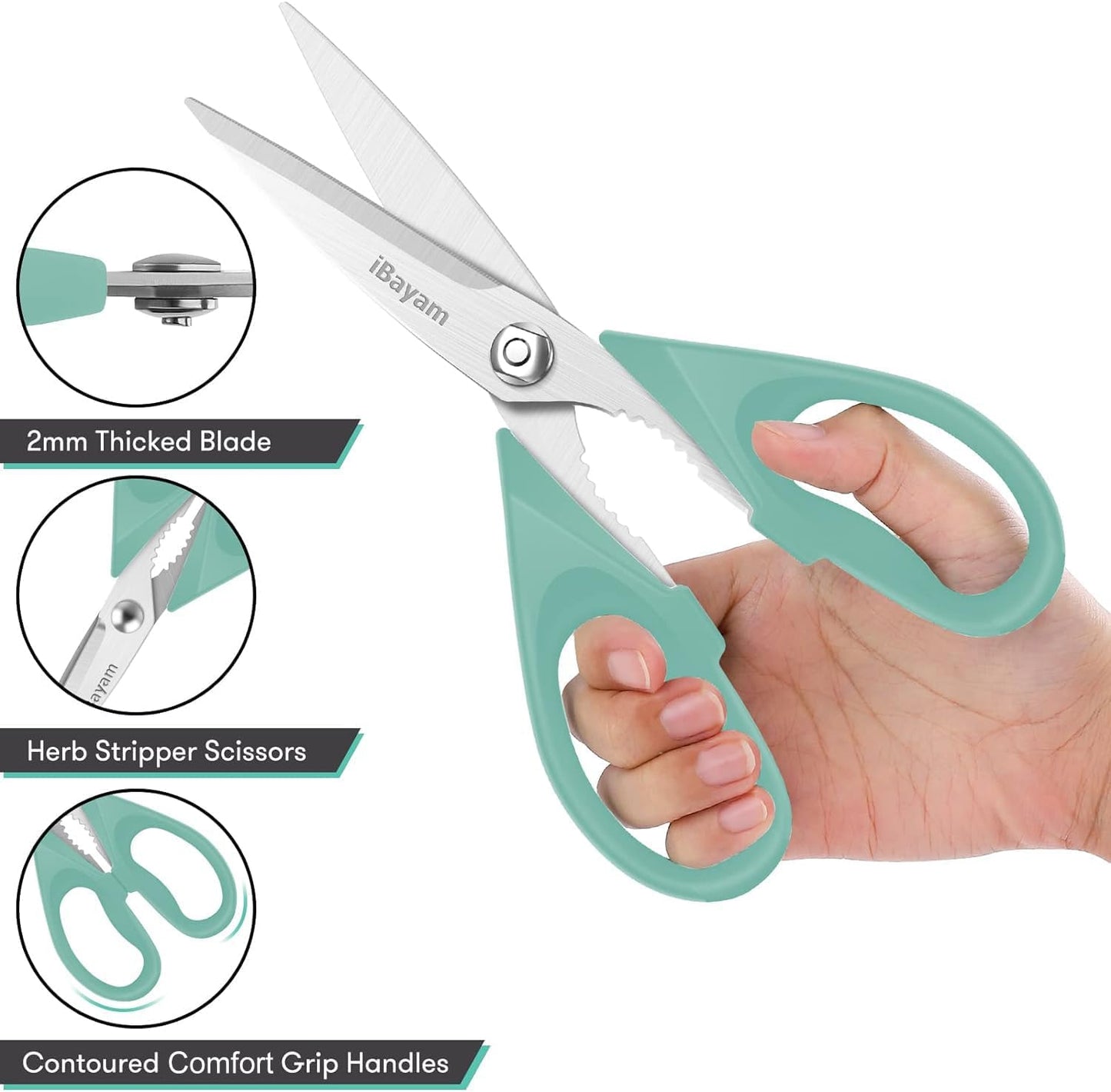 iBayam 8.7" All Purpose Kitchen Shears Heavy Duty with Protective Sheath | Built-In Bottle Opener, Durable Stainless Steel Scissors, Dishwasher Safe, Soft Grip Comfort Handle, Cooking, Food, Packaging