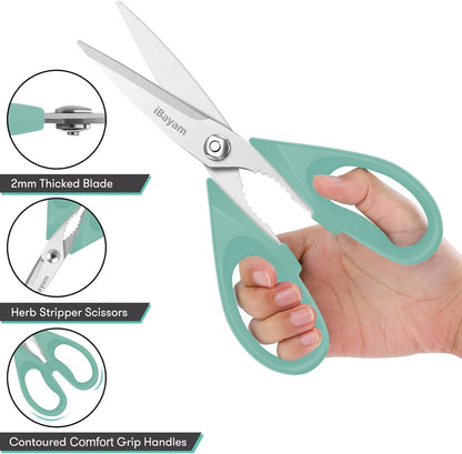 iBayam 8.7" All Purpose Kitchen Shears Heavy Duty with Protective Sheath | Built-In Bottle Opener, Durable Stainless Steel Scissors, Dishwasher Safe, Soft Grip Comfort Handle, Cooking, Food, Packaging