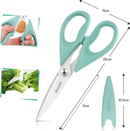 iBayam 8.7" All Purpose Kitchen Shears Heavy Duty with Protective Sheath | Built-In Bottle Opener, Durable Stainless Steel Scissors, Dishwasher Safe, Soft Grip Comfort Handle, Cooking, Food, Packaging