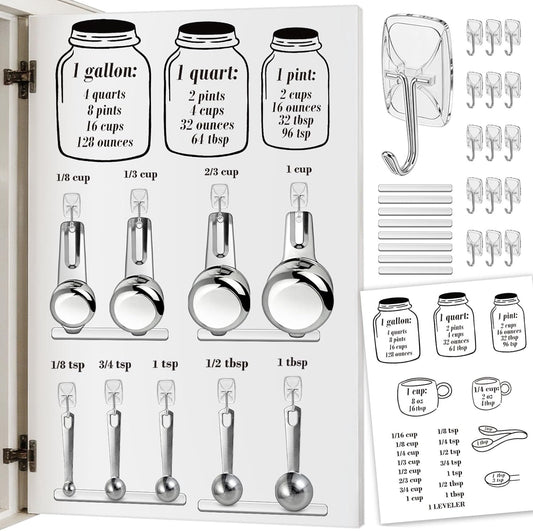 Measuring Cup and Spoon Organizer Set, Kitchen Measurement Conversion Chart with 16 Clear Small Hooks and Anti-Collision Pads for Hanging Measuring Cup and Spoon