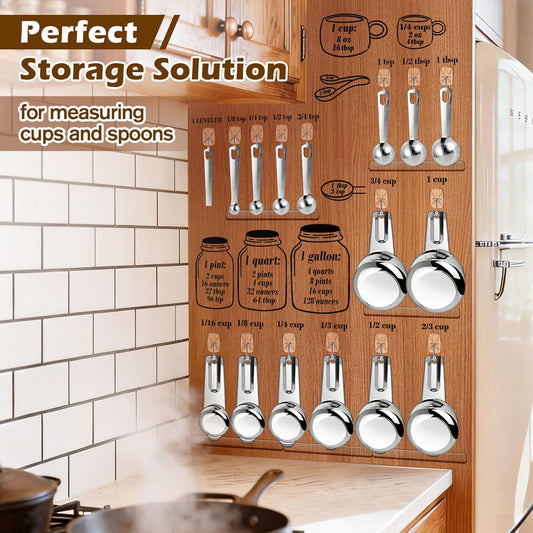 Measuring Cup and Spoon Organizer Set, Kitchen Measurement Conversion Chart with 16 Clear Small Hooks and Anti-Collision Pads for Hanging Measuring Cup and Spoon