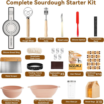 Sourdough Starter Kit, 24PCS Sourdough Bread Baking Supplies, 9"Round & 11"Oval Banneton Bread Proofing Basket, Bread Sling, Starter Jar, Whisk, Scrapers, Bread Lame, Bag, Sour Dough Making Tools Kit