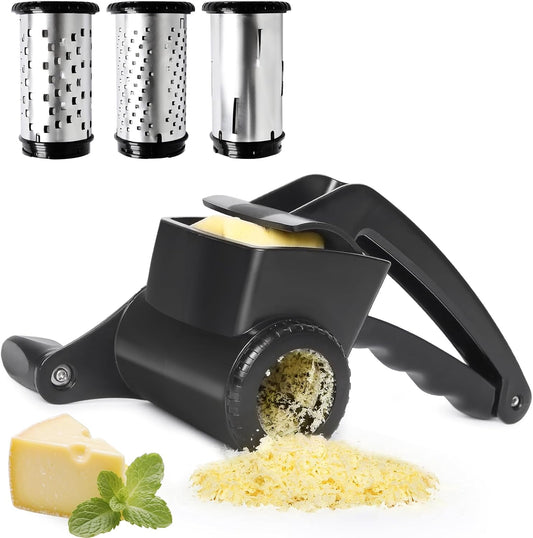 Cheese Grater Hand Crank Set of 3, Rotary Cheese Grater Parmesan Cheese Shredder Handheld for Grating and Shredding Hard Cheese, Chocolate, （3 in 1,Black)
