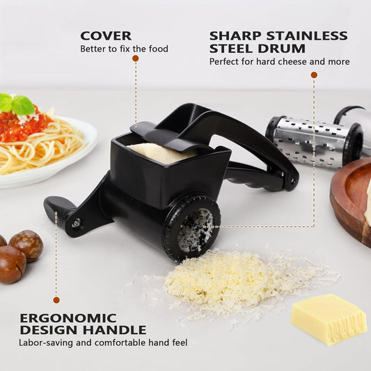 Cheese Grater Hand Crank Set of 3, Rotary Cheese Grater Parmesan Cheese Shredder Handheld for Grating and Shredding Hard Cheese, Chocolate, （3 in 1,Black)