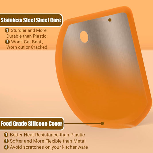 Silicone Dough Scraper with Metal Core Flexible Bowl Scraper Bread Baking | With Stainless Steel Sheet, Curved Edge Food Grade Silicone Bench Scraper for Sourdough Bread, Set of 2, Gray & Orange