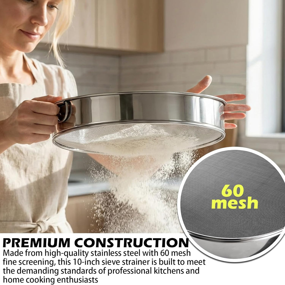 Fine Mesh Sieve Strainer,10" Stainless Steel 60 Mesh,for Winco 10" Sieves
