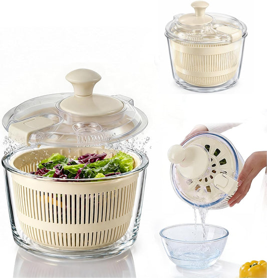 Glass Salad Spinner 3.2 Qt, Small Salad Spinner, Glass Bowl, White | Removable Lid, Storage Lid, Dishwasher-Safe Glass Bowl, Fruit & Vegetable Washer Dryer, Drain Spout, Crank Handle