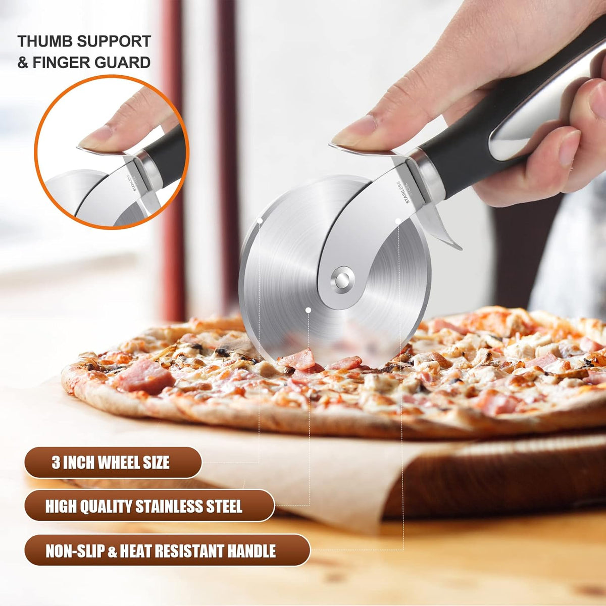 Premium Pizza Cutter Wheel - Ultra Sharp Stainless Steel Pizza Slicer with Non-Slip Soft Grip Handle - Multi-Purpose Cutter for Pizza, Dough & Pastry - Dishwasher Safe, Easy to Clean - Black