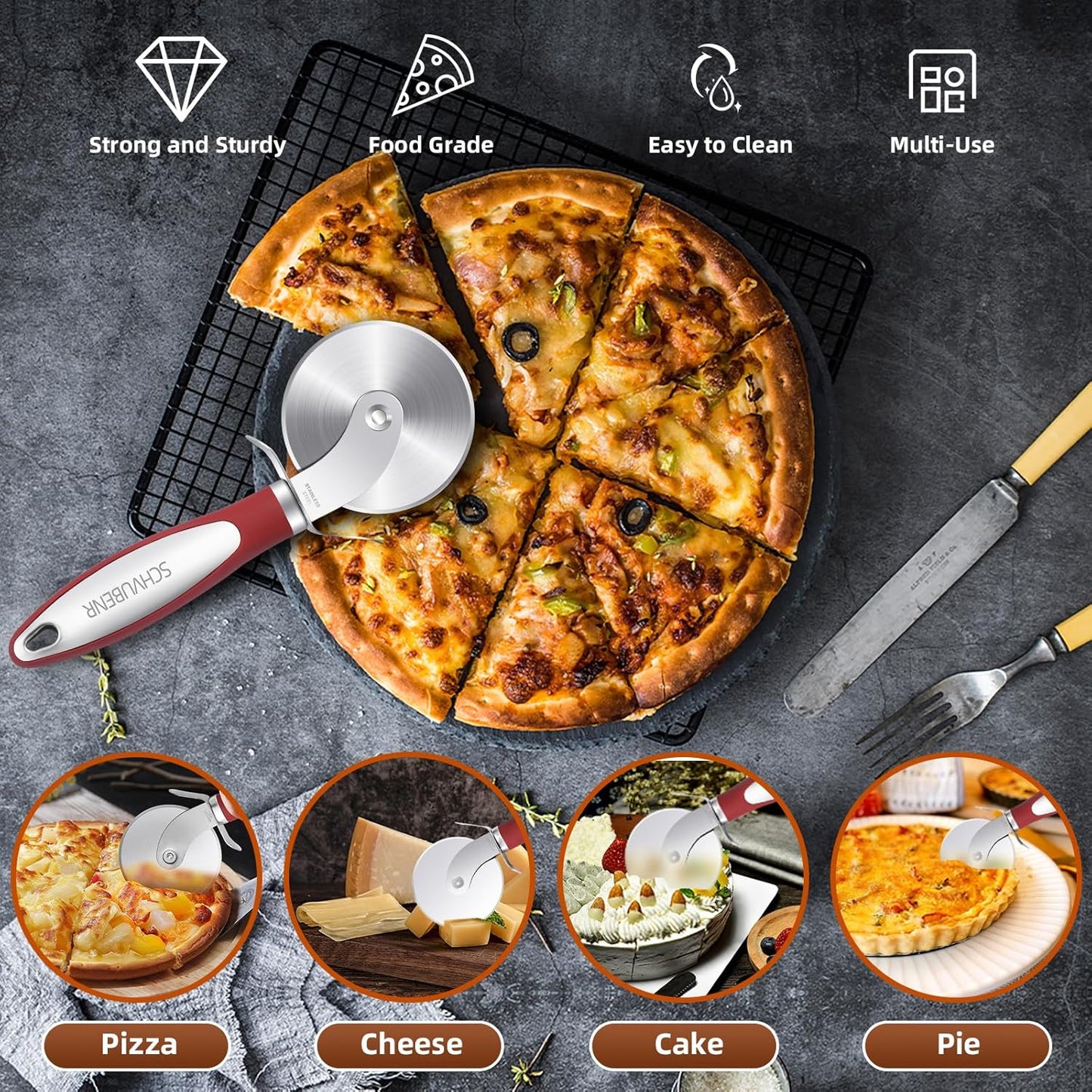 Premium Pizza Cutter Wheel - Ultra Sharp Stainless Steel Pizza Slicer with Non-Slip Soft Grip Handle - Multi-Purpose Cutter for Pizza, Dough & Pastry - Dishwasher Safe, Easy to Clean - Black
