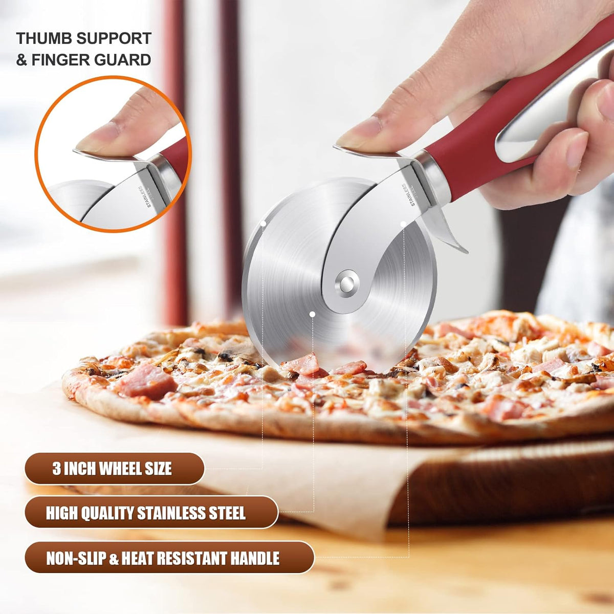Premium Pizza Cutter Wheel - Ultra Sharp Stainless Steel Pizza Slicer with Non-Slip Soft Grip Handle - Multi-Purpose Cutter for Pizza, Dough & Pastry - Dishwasher Safe, Easy to Clean - Black