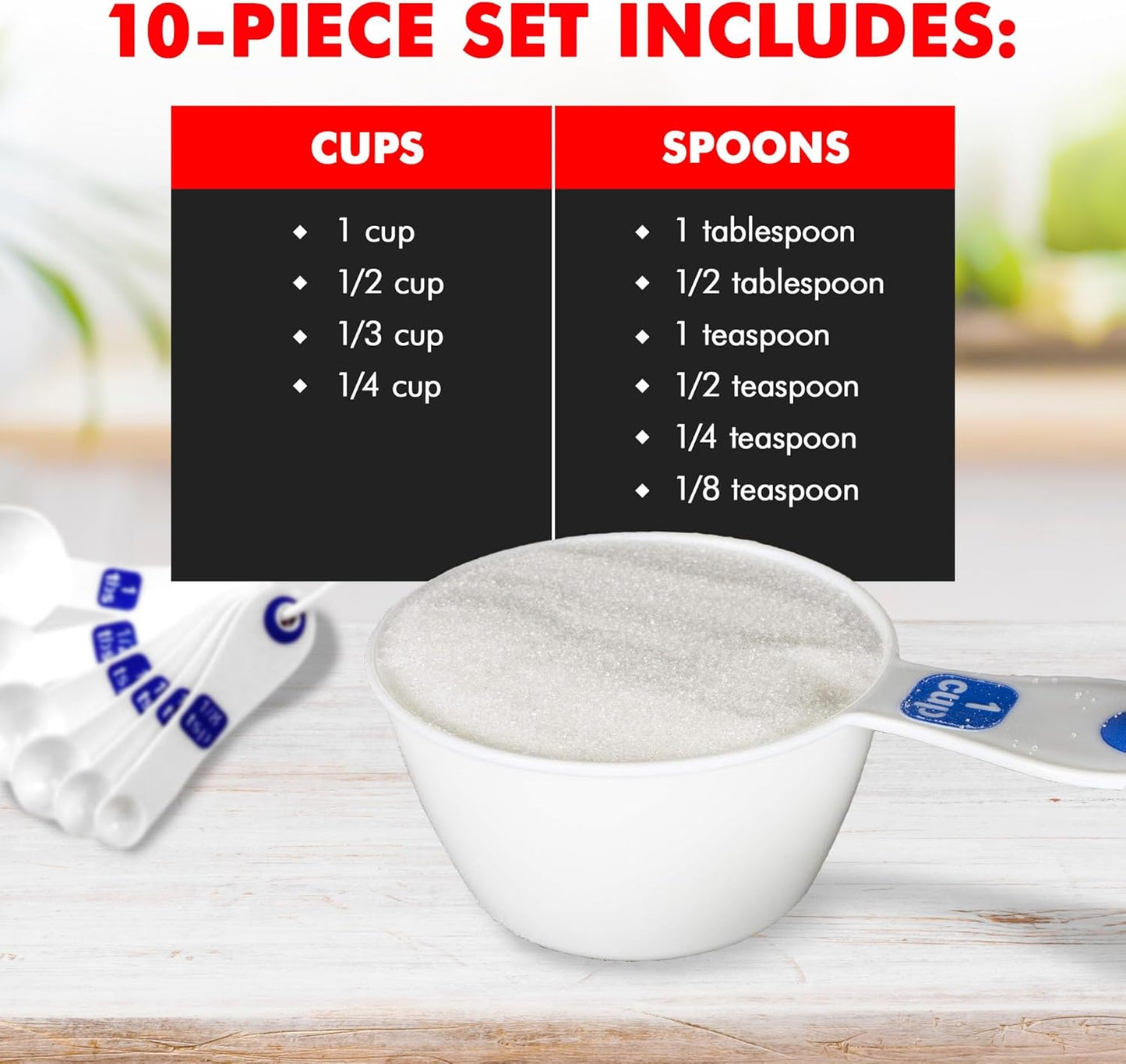 Easy to Read Plastic, Measuring Cup Set, 10 piece set, Blue