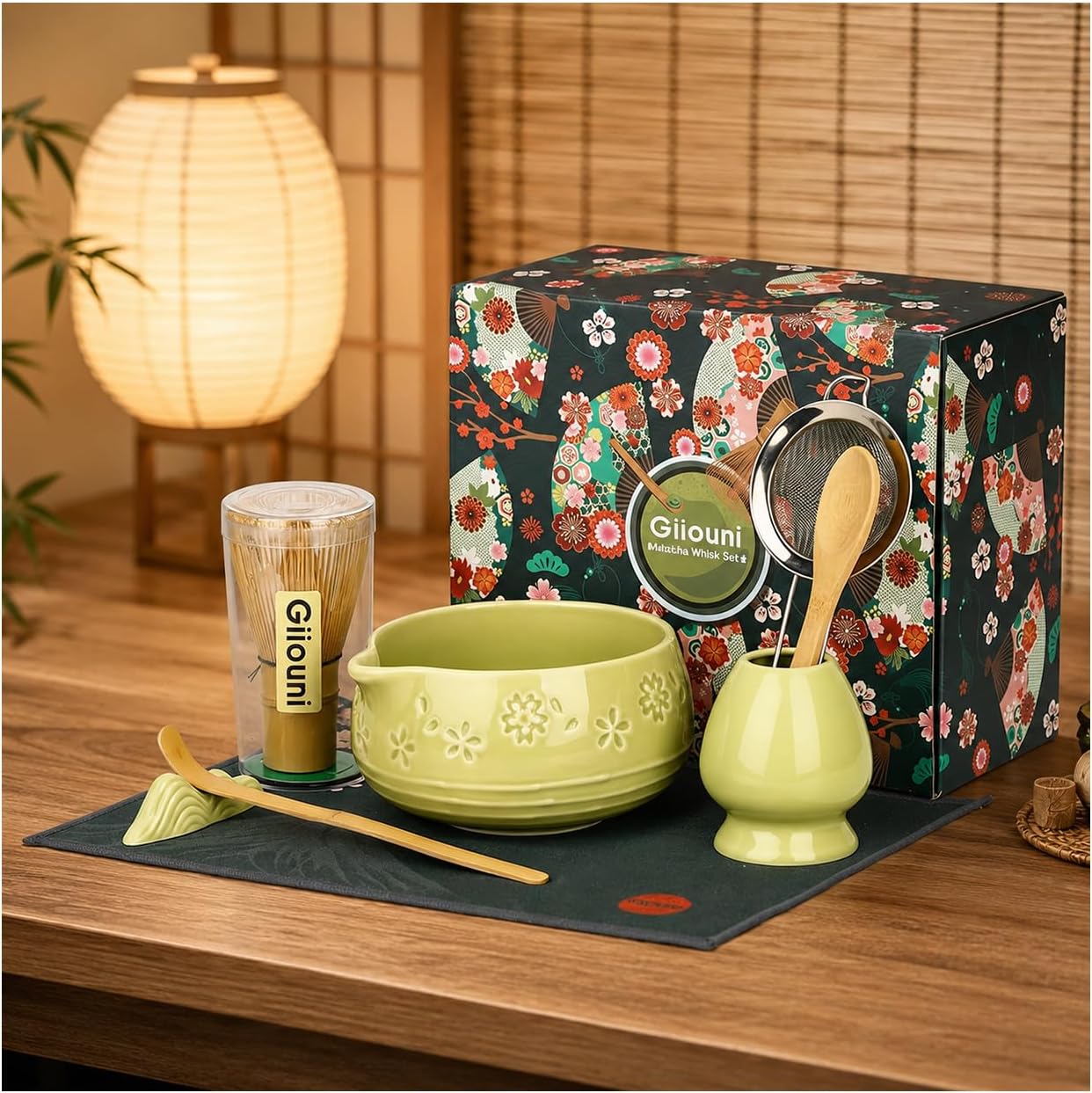 Matcha Whisk Set with 550ml Spouted Ceramic Bowl, Approx. 80-Prong Bamboo Chasen, Whisk Holder, Scoop and Sifter, Japanese Matcha Kit for Beginners, Gift Box for Tea Lovers