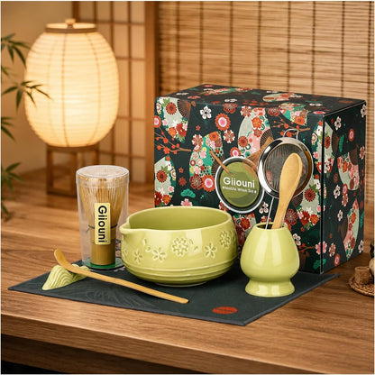 Matcha Whisk Set with 550ml Spouted Ceramic Bowl, Approx. 80-Prong Bamboo Chasen, Whisk Holder, Scoop and Sifter, Japanese Matcha Kit for Beginners, Gift Box for Tea Lovers