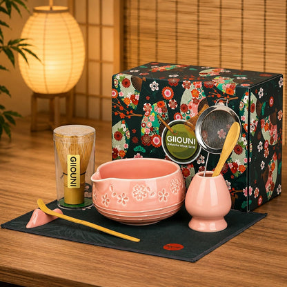 Matcha Whisk Set with 550ml Spouted Ceramic Bowl, Approx. 80-Prong Bamboo Chasen, Whisk Holder, Scoop and Sifter, Japanese Matcha Kit for Beginners, Gift Box for Tea Lovers