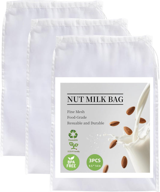 3 Pack Reusable Nut Milk Bag, Food-Grade Nylon Cheese Cloth Bag for Straining, Strong Fine Mesh Strainer Bags with Drawstring for Nut Milk, Cold Brew Coffee, Greek Yogurt, Tea and Juice, 9.5"x14"