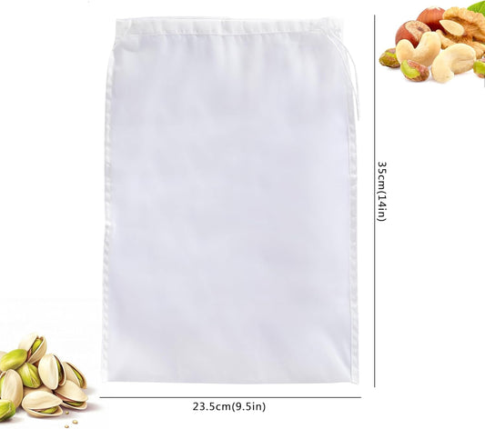 3 Pack Reusable Nut Milk Bag, Food-Grade Nylon Cheese Cloth Bag for Straining, Strong Fine Mesh Strainer Bags with Drawstring for Nut Milk, Cold Brew Coffee, Greek Yogurt, Tea and Juice, 9.5"x14"
