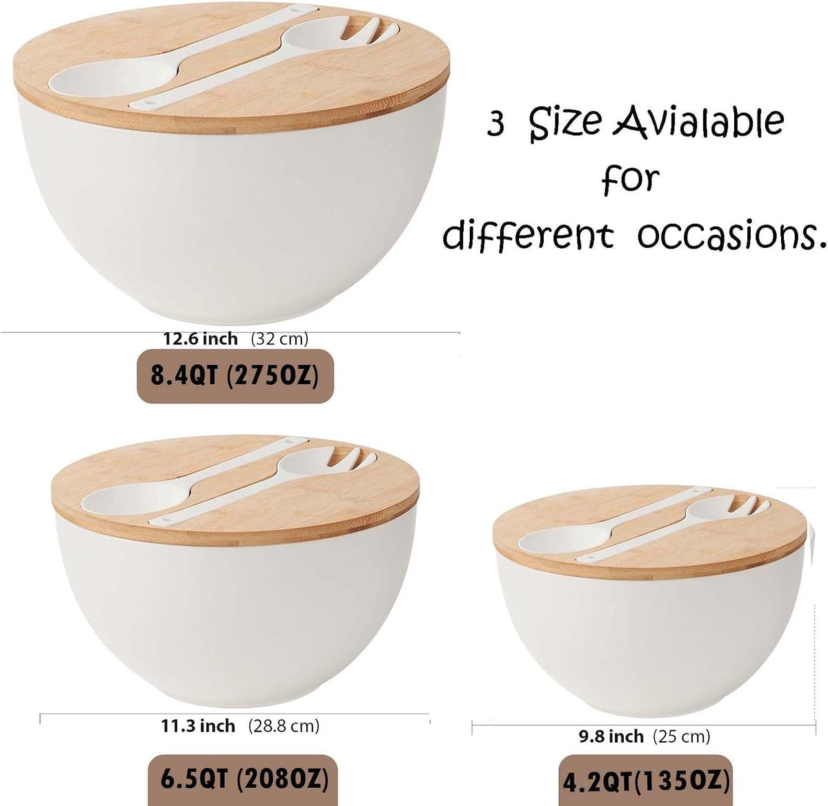 11.3" Extra Large Salad Serving Bowl Set with Wooden Lid&Utensils, 6.5Qt., Bamboo Fiber Salad Bowl with Servers for Kitchen, Lightweight Big Bowl for Mixing Salad,Fruit,Pasta - Matte White