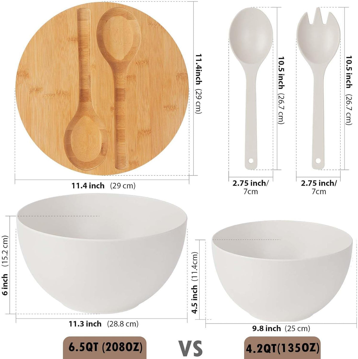11.3" Extra Large Salad Serving Bowl Set with Wooden Lid&Utensils, 6.5Qt., Bamboo Fiber Salad Bowl with Servers for Kitchen, Lightweight Big Bowl for Mixing Salad,Fruit,Pasta - Matte White