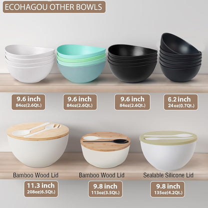 11.3" Extra Large Salad Serving Bowl Set with Wooden Lid&Utensils, 6.5Qt., Bamboo Fiber Salad Bowl with Servers for Kitchen, Lightweight Big Bowl for Mixing Salad,Fruit,Pasta - Matte White