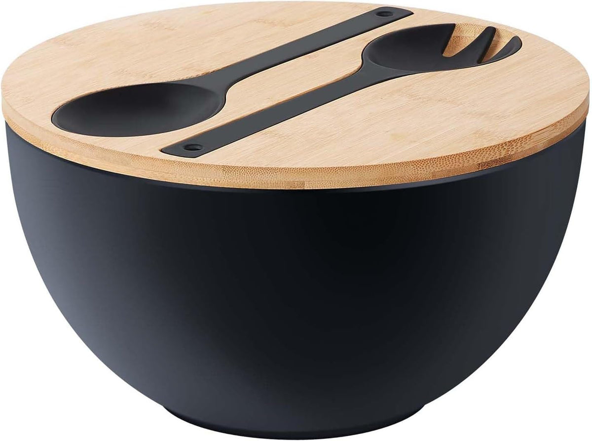 11.3" Extra Large Salad Serving Bowl Set with Wooden Lid&Utensils, 6.5Qt., Bamboo Fiber Salad Bowl with Servers for Kitchen, Lightweight Big Bowl for Mixing Salad,Fruit,Pasta - Matte White