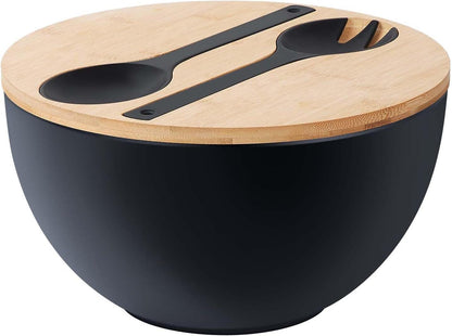 11.3" Extra Large Salad Serving Bowl Set with Wooden Lid&Utensils, 6.5Qt., Bamboo Fiber Salad Bowl with Servers for Kitchen, Lightweight Big Bowl for Mixing Salad,Fruit,Pasta - Matte White