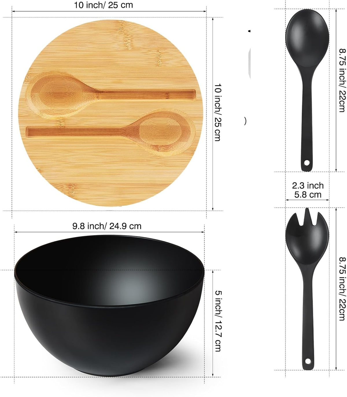 11.3" Extra Large Salad Serving Bowl Set with Wooden Lid&Utensils, 6.5Qt., Bamboo Fiber Salad Bowl with Servers for Kitchen, Lightweight Big Bowl for Mixing Salad,Fruit,Pasta - Matte White