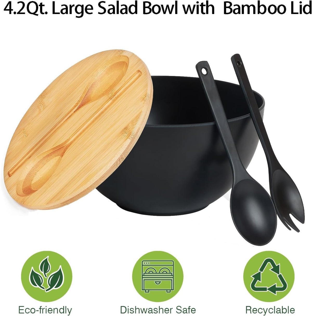 11.3" Extra Large Salad Serving Bowl Set with Wooden Lid&Utensils, 6.5Qt., Bamboo Fiber Salad Bowl with Servers for Kitchen, Lightweight Big Bowl for Mixing Salad,Fruit,Pasta - Matte White