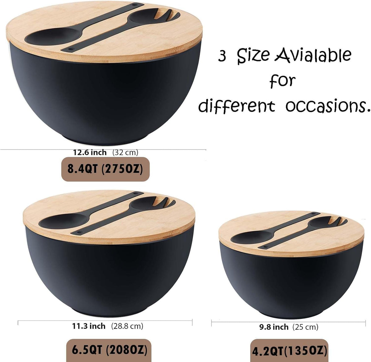 11.3" Extra Large Salad Serving Bowl Set with Wooden Lid&Utensils, 6.5Qt., Bamboo Fiber Salad Bowl with Servers for Kitchen, Lightweight Big Bowl for Mixing Salad,Fruit,Pasta - Matte White