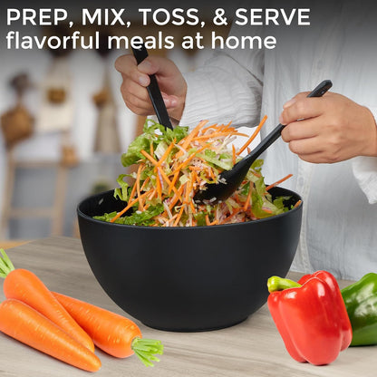 11.3" Extra Large Salad Serving Bowl Set with Wooden Lid&Utensils, 6.5Qt., Bamboo Fiber Salad Bowl with Servers for Kitchen, Lightweight Big Bowl for Mixing Salad,Fruit,Pasta - Matte White