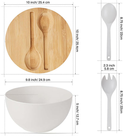 11.3" Extra Large Salad Serving Bowl Set with Wooden Lid&Utensils, 6.5Qt., Bamboo Fiber Salad Bowl with Servers for Kitchen, Lightweight Big Bowl for Mixing Salad,Fruit,Pasta - Matte White