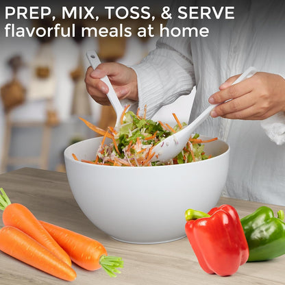 11.3" Extra Large Salad Serving Bowl Set with Wooden Lid&Utensils, 6.5Qt., Bamboo Fiber Salad Bowl with Servers for Kitchen, Lightweight Big Bowl for Mixing Salad,Fruit,Pasta - Matte White