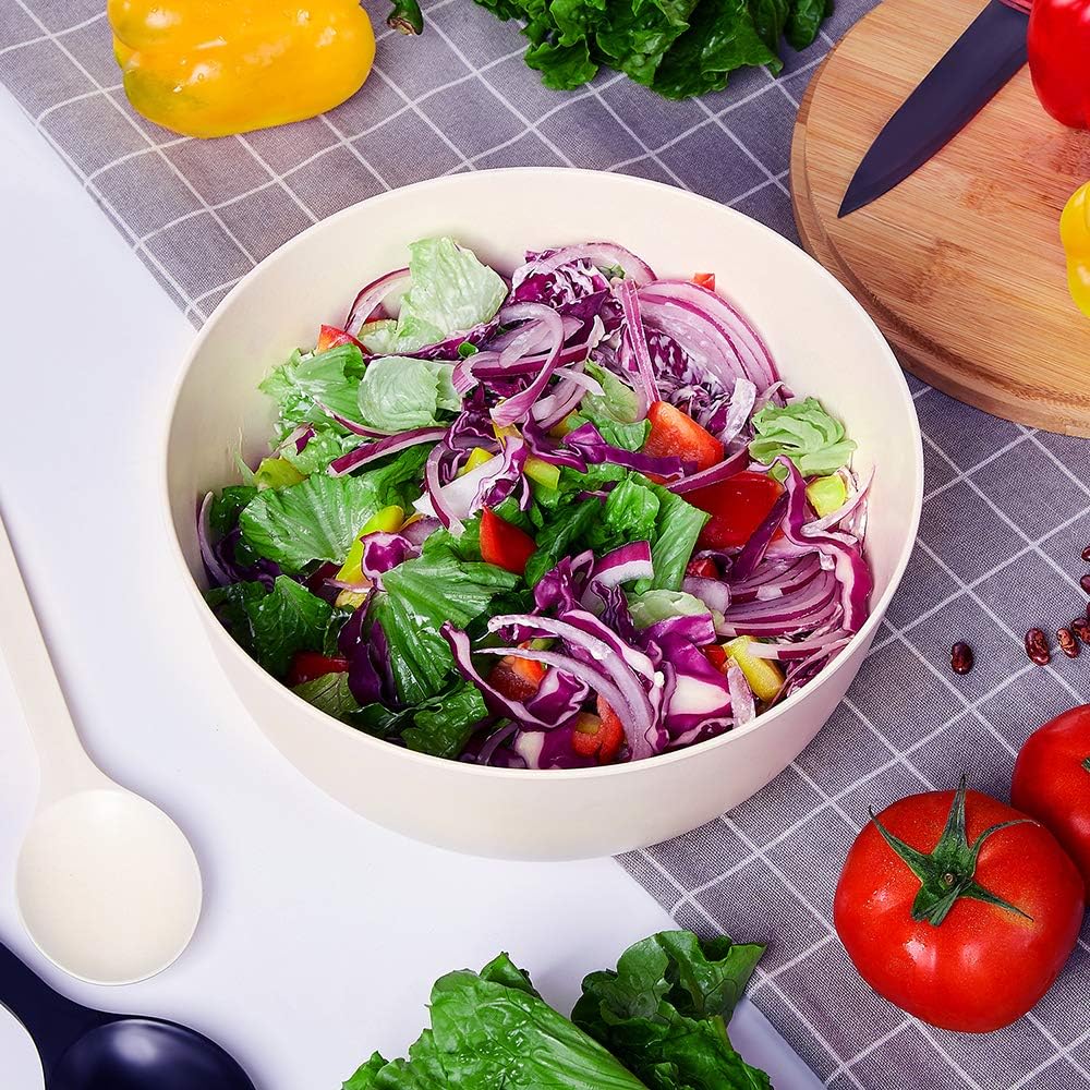 11.3" Extra Large Salad Serving Bowl Set with Wooden Lid&Utensils, 6.5Qt., Bamboo Fiber Salad Bowl with Servers for Kitchen, Lightweight Big Bowl for Mixing Salad,Fruit,Pasta - Matte White