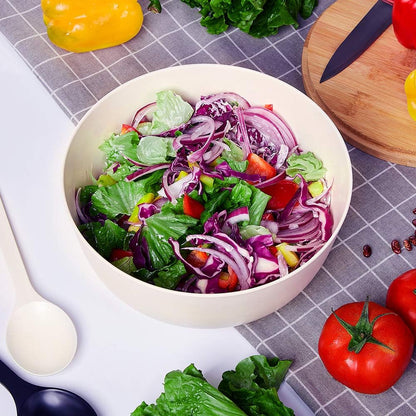 11.3" Extra Large Salad Serving Bowl Set with Wooden Lid&Utensils, 6.5Qt., Bamboo Fiber Salad Bowl with Servers for Kitchen, Lightweight Big Bowl for Mixing Salad,Fruit,Pasta - Matte White