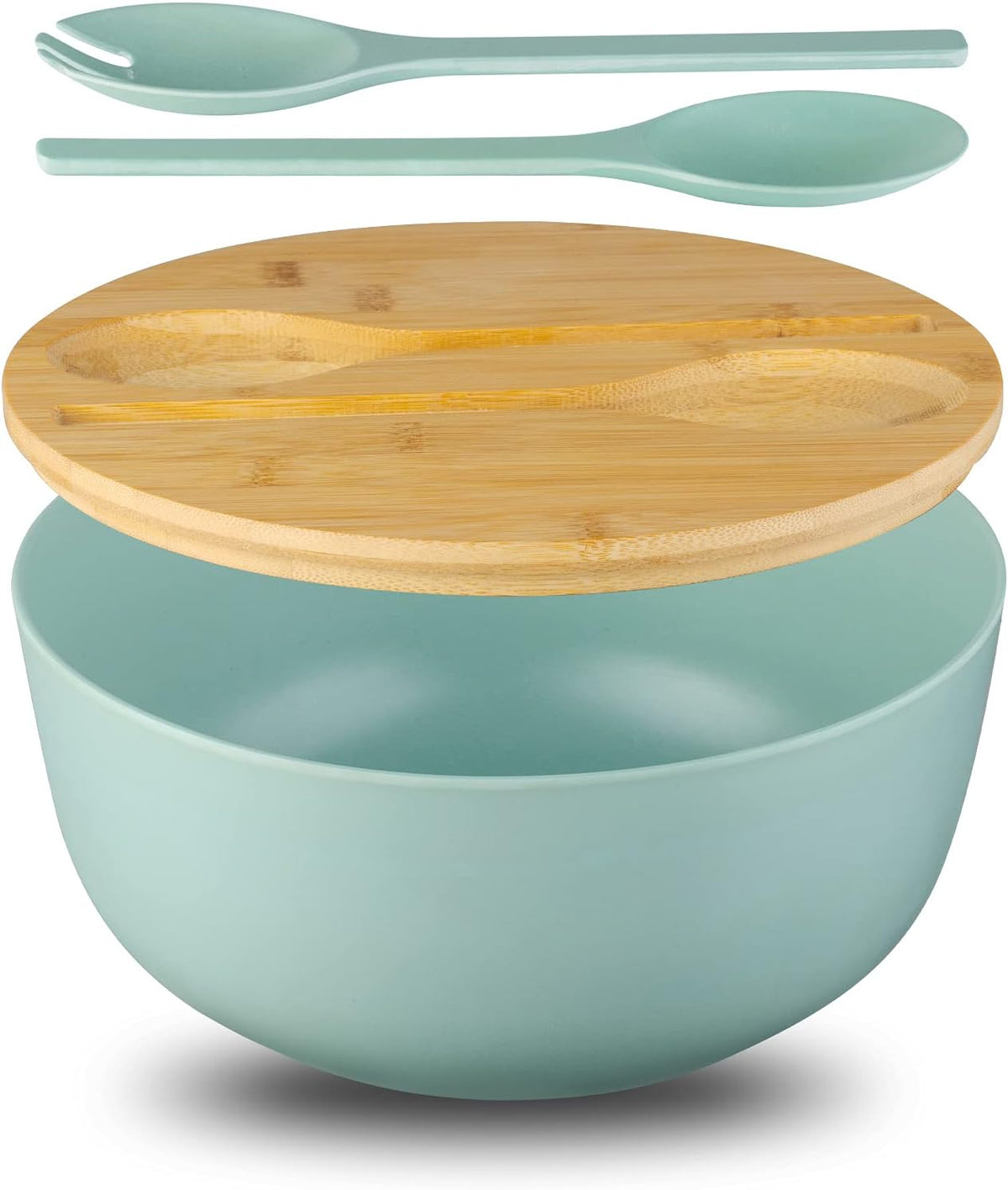 11.3" Extra Large Salad Serving Bowl Set with Wooden Lid&Utensils, 6.5Qt., Bamboo Fiber Salad Bowl with Servers for Kitchen, Lightweight Big Bowl for Mixing Salad,Fruit,Pasta - Matte White