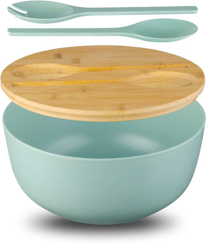 11.3" Extra Large Salad Serving Bowl Set with Wooden Lid&Utensils, 6.5Qt., Bamboo Fiber Salad Bowl with Servers for Kitchen, Lightweight Big Bowl for Mixing Salad,Fruit,Pasta - Matte White