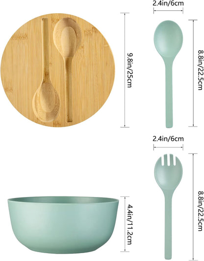 11.3" Extra Large Salad Serving Bowl Set with Wooden Lid&Utensils, 6.5Qt., Bamboo Fiber Salad Bowl with Servers for Kitchen, Lightweight Big Bowl for Mixing Salad,Fruit,Pasta - Matte White
