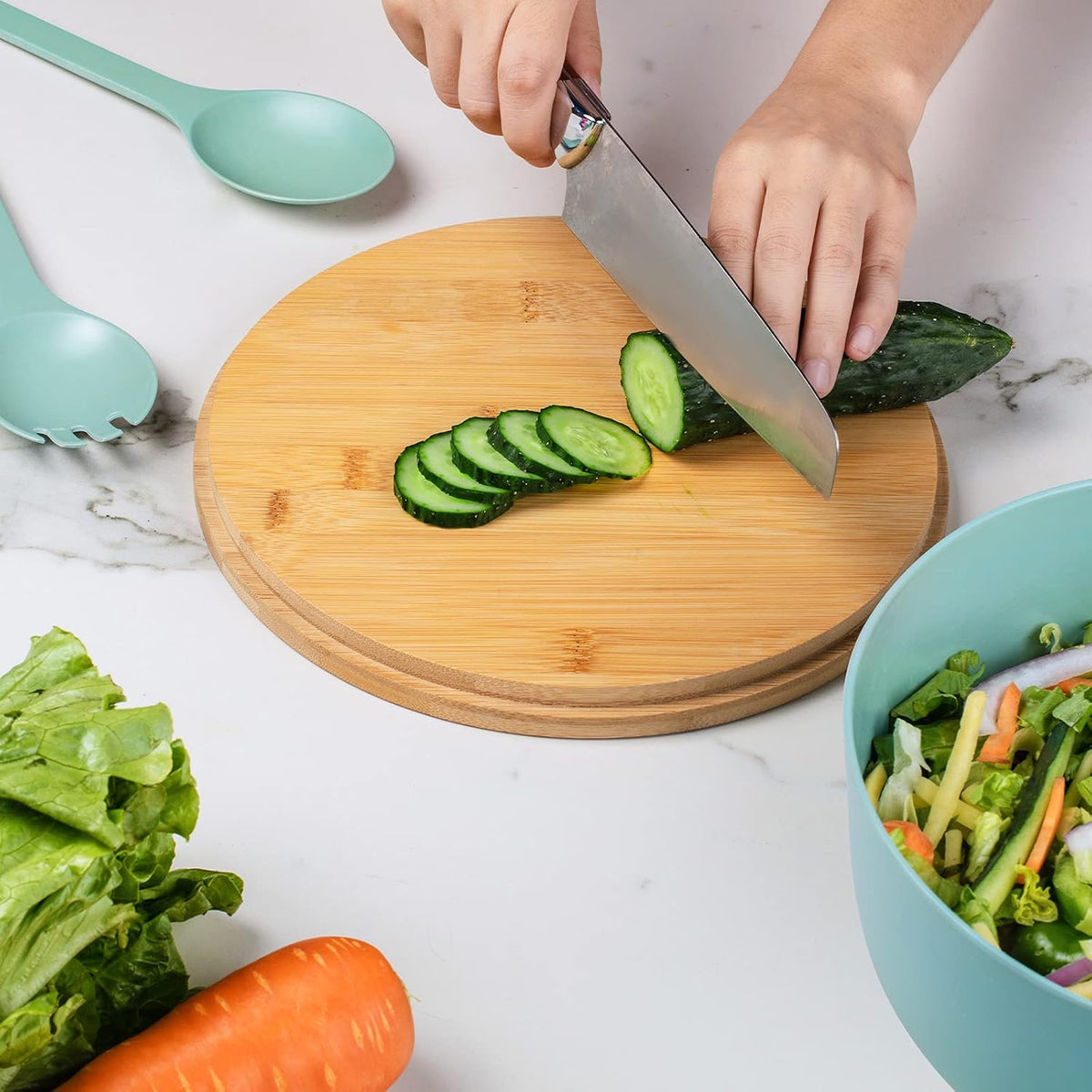 11.3" Extra Large Salad Serving Bowl Set with Wooden Lid&Utensils, 6.5Qt., Bamboo Fiber Salad Bowl with Servers for Kitchen, Lightweight Big Bowl for Mixing Salad,Fruit,Pasta - Matte White