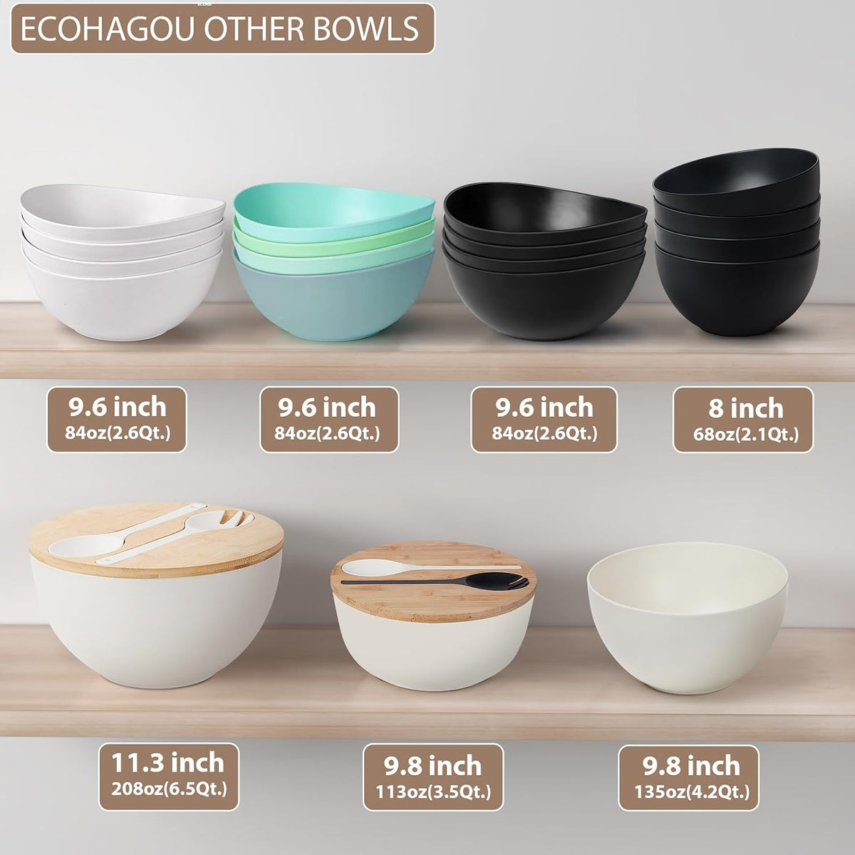 11.3" Extra Large Salad Serving Bowl Set with Wooden Lid&Utensils, 6.5Qt., Bamboo Fiber Salad Bowl with Servers for Kitchen, Lightweight Big Bowl for Mixing Salad,Fruit,Pasta - Matte White