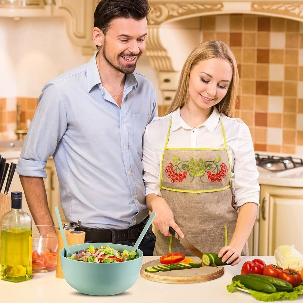 11.3" Extra Large Salad Serving Bowl Set with Wooden Lid&Utensils, 6.5Qt., Bamboo Fiber Salad Bowl with Servers for Kitchen, Lightweight Big Bowl for Mixing Salad,Fruit,Pasta - Matte White