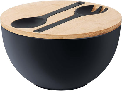 11.3" Extra Large Salad Serving Bowl Set with Wooden Lid&Utensils, 6.5Qt., Bamboo Fiber Salad Bowl with Servers for Kitchen, Lightweight Big Bowl for Mixing Salad,Fruit,Pasta - Matte White