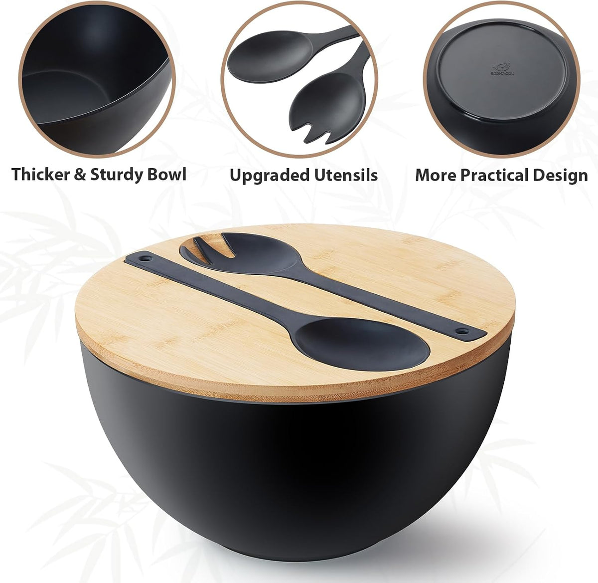 11.3" Extra Large Salad Serving Bowl Set with Wooden Lid&Utensils, 6.5Qt., Bamboo Fiber Salad Bowl with Servers for Kitchen, Lightweight Big Bowl for Mixing Salad,Fruit,Pasta - Matte White