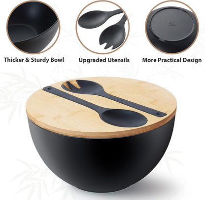 11.3" Extra Large Salad Serving Bowl Set with Wooden Lid&Utensils, 6.5Qt., Bamboo Fiber Salad Bowl with Servers for Kitchen, Lightweight Big Bowl for Mixing Salad,Fruit,Pasta - Matte White