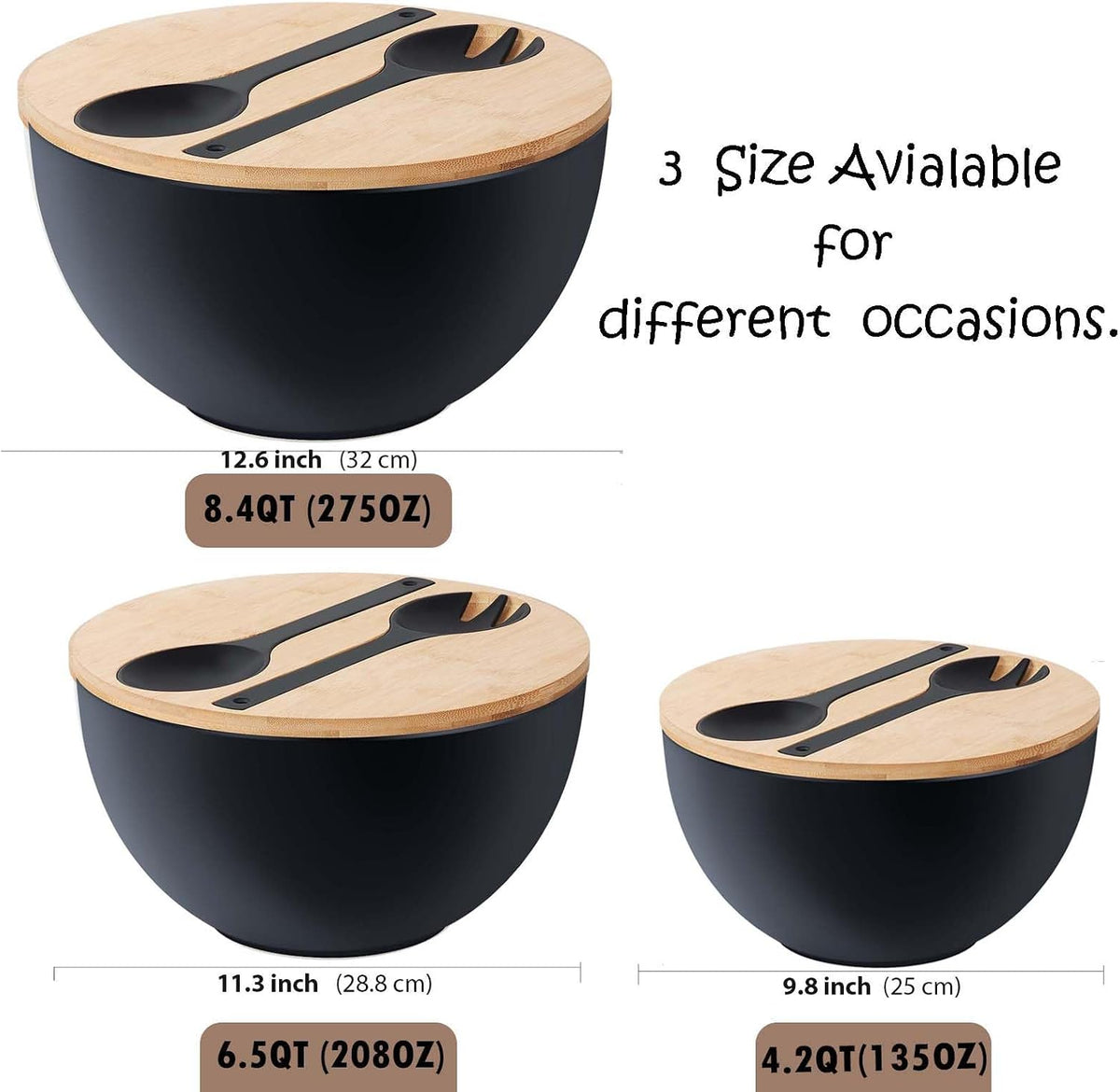 11.3" Extra Large Salad Serving Bowl Set with Wooden Lid&Utensils, 6.5Qt., Bamboo Fiber Salad Bowl with Servers for Kitchen, Lightweight Big Bowl for Mixing Salad,Fruit,Pasta - Matte White